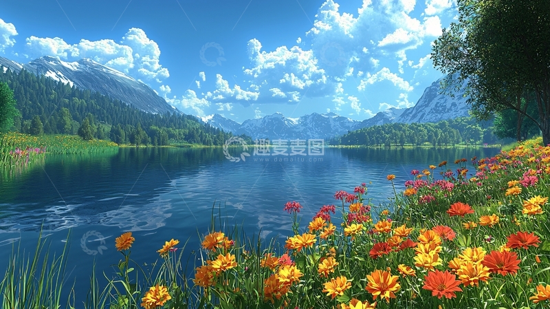 高清大图下载【趣麦麦图】蓝天白云下的湖光山色