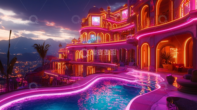 高清大图下载【趣麦麦图】霓虹灯别墅夜景