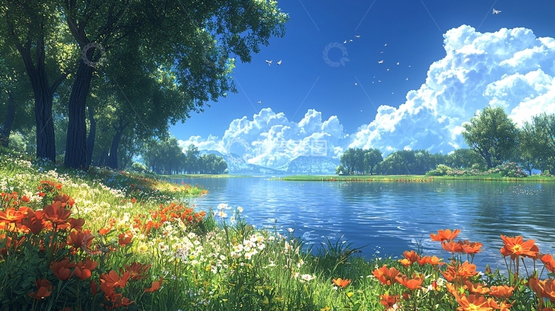 高清大图下载【趣麦麦图】阳光明媚的河边花海