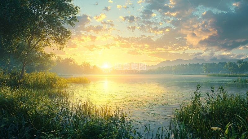 高清大图下载【趣麦麦图】清晨湖边日出美景