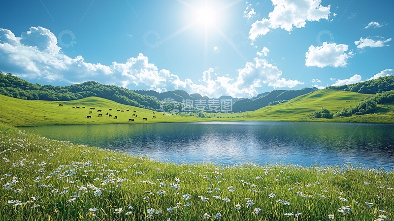 高清大图下载【趣麦麦图】阳光明媚的山湖田园风光