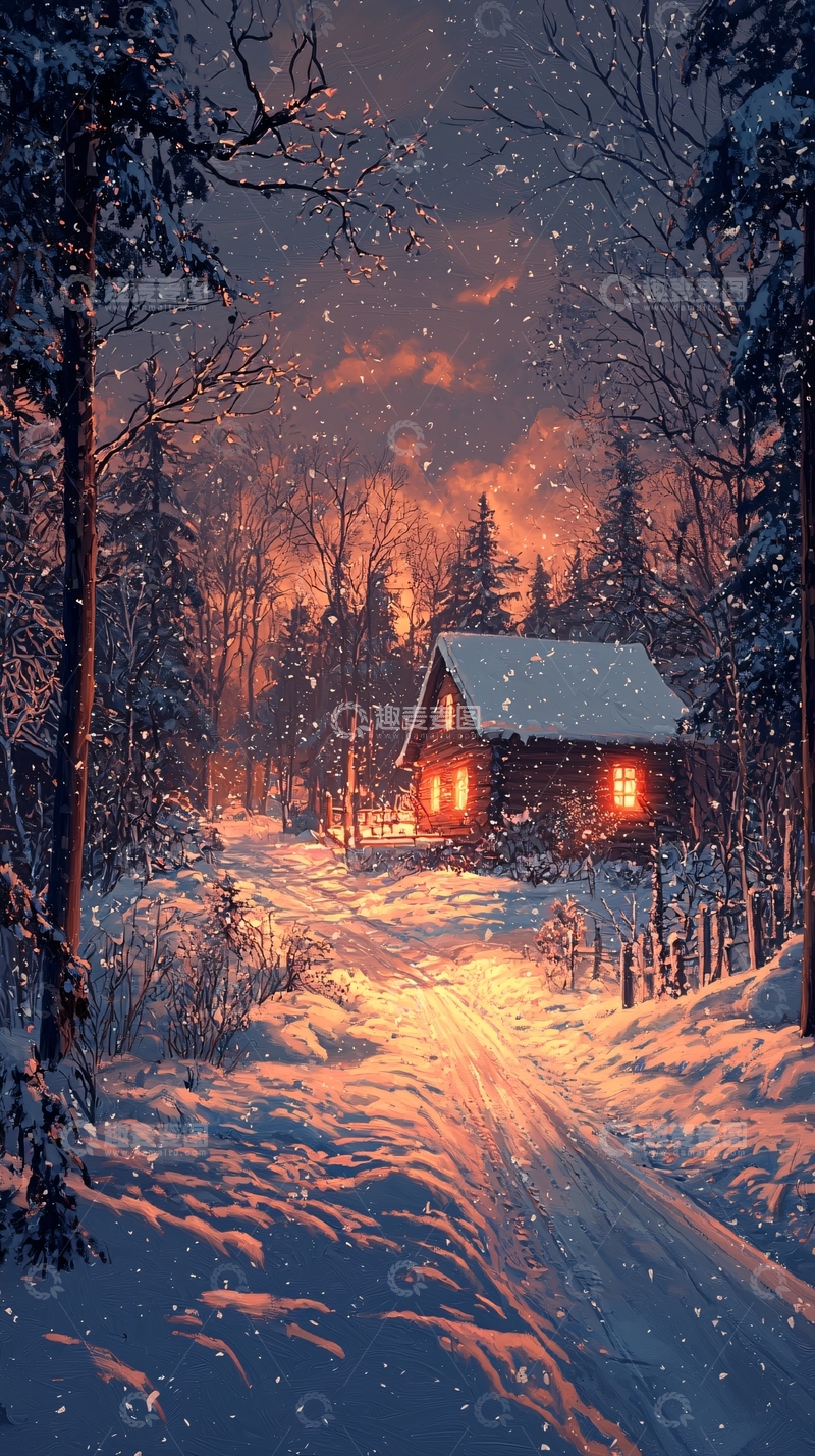 高清大图下载【趣麦麦图】雪夜森林小屋