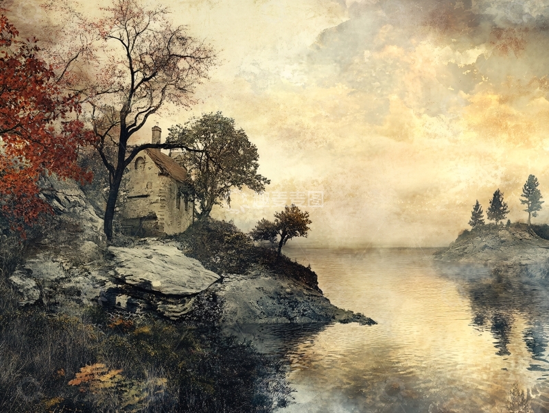 高清大图下载【趣麦麦图】秋日湖边小屋