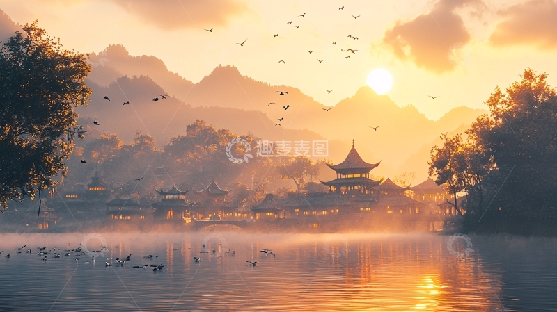 高清大图下载【趣麦麦图】日出山景水墨画