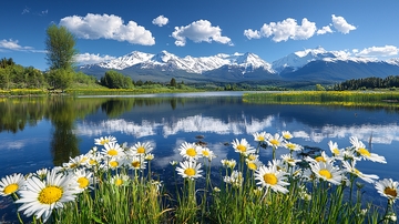 高山湖泊雏菊倒影