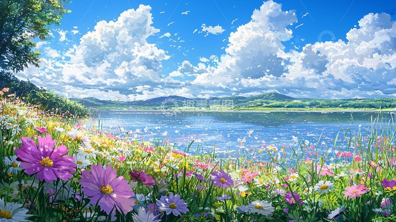 高清大图下载【趣麦麦图】阳光明媚的湖边花海