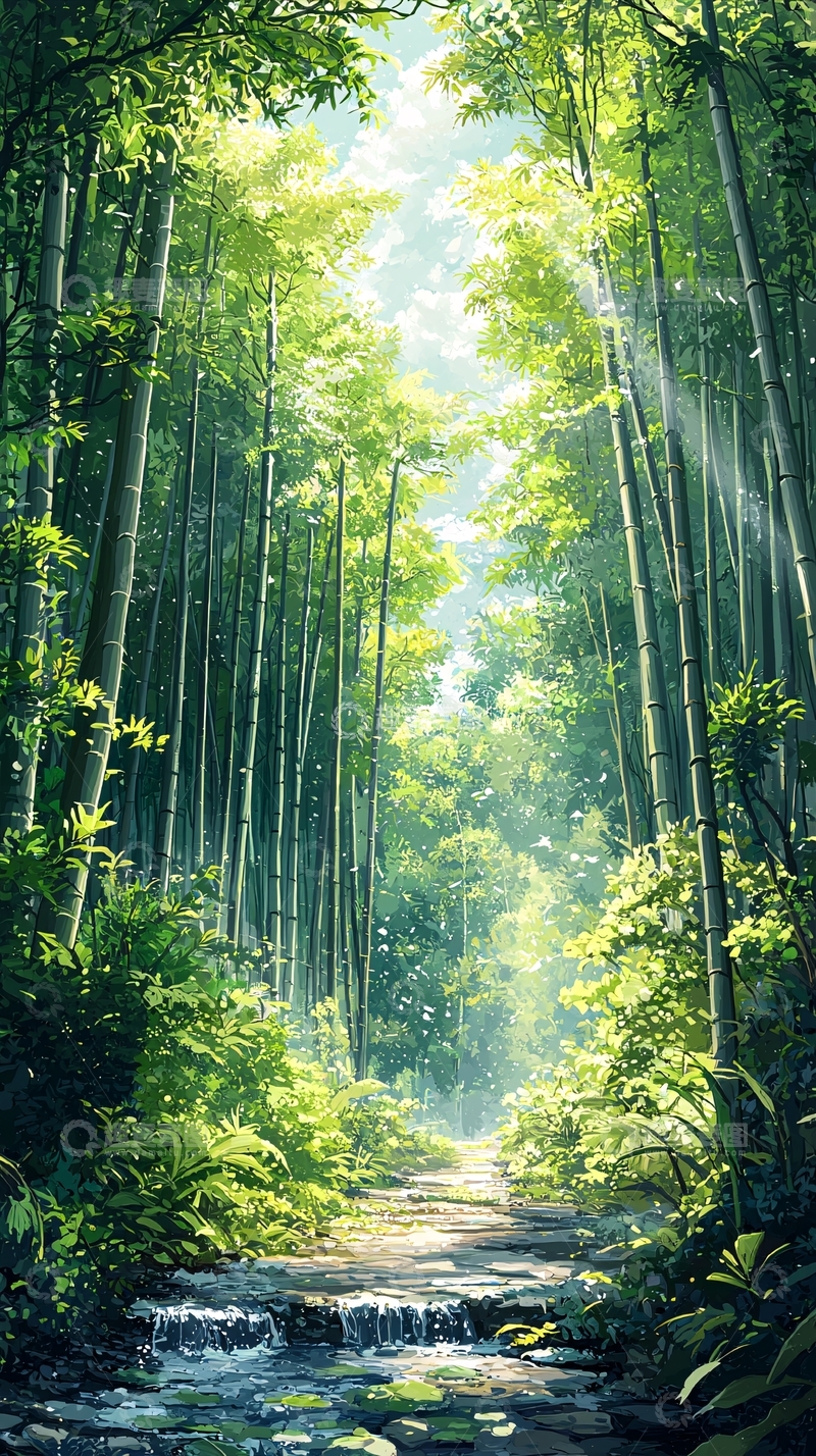 高清大图下载【趣麦麦图】阳光洒落竹林小路