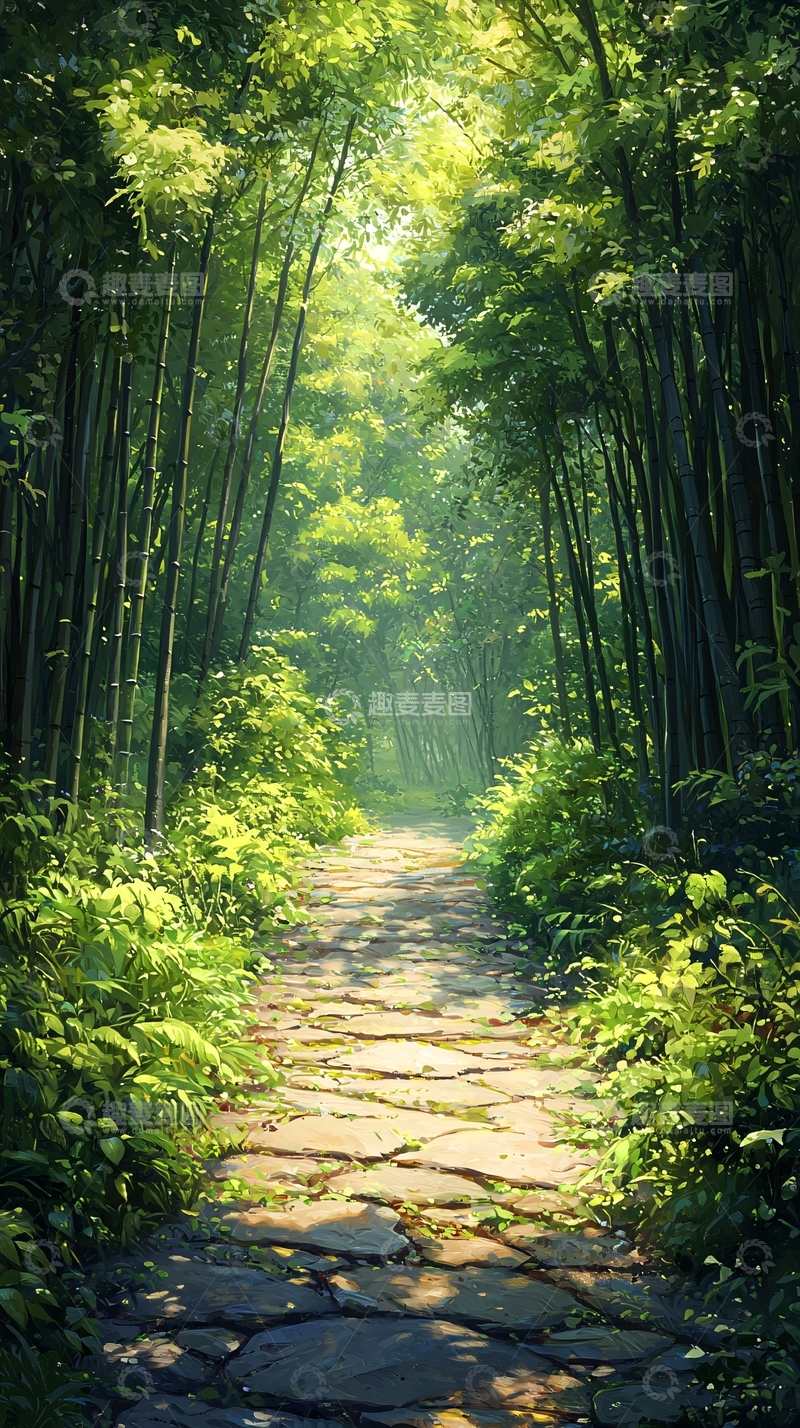 高清大图下载【趣麦麦图】阳光洒落竹林小路