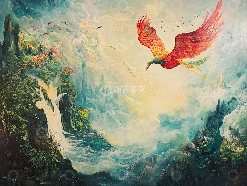 高清大图下载【趣麦麦图】奇幻飞鸟山水画