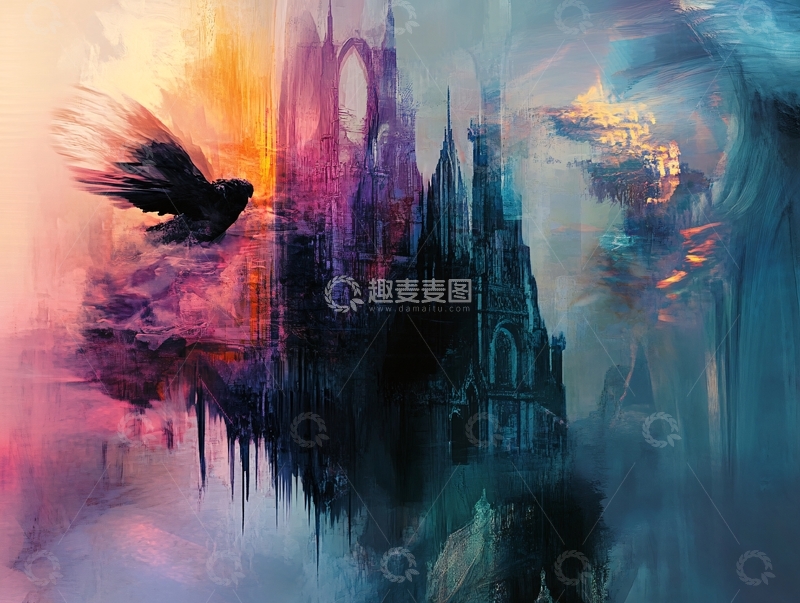 高清大图下载【趣麦麦图】哥特式城堡梦幻水彩画