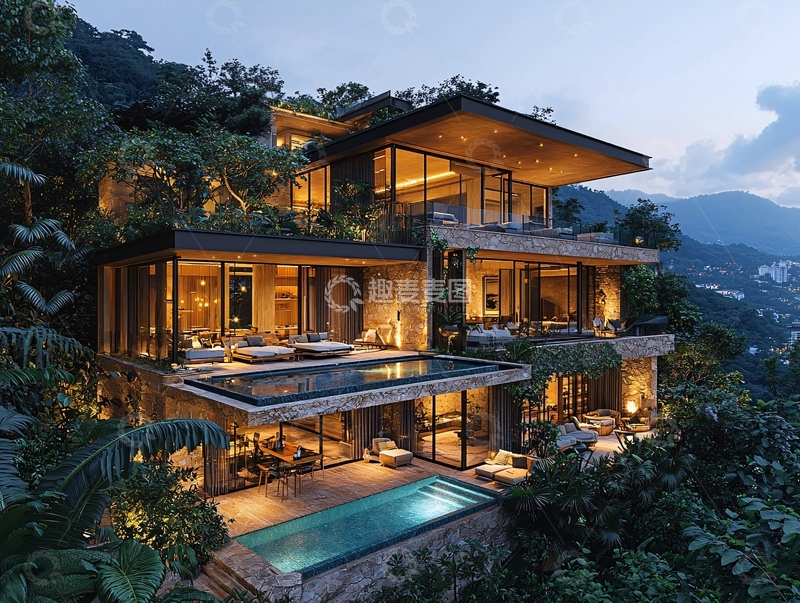 高清大图下载【趣麦麦图】山顶豪宅夜景