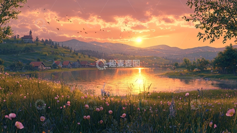 高清大图下载【趣麦麦图】夕阳西下湖边小镇