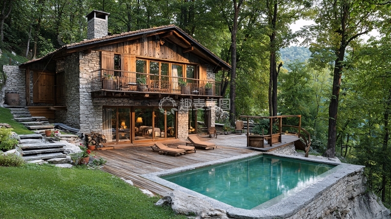 高清大图下载【趣麦麦图】-林间小屋泳池