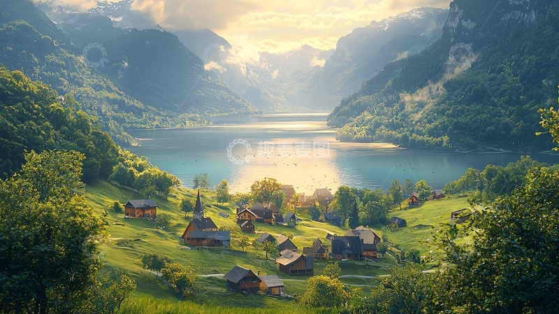 高清大图下载【趣麦麦图】山清水秀的湖边村庄