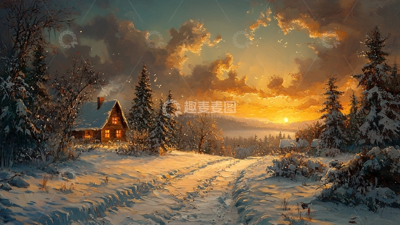 高清大图下载【趣麦麦图】冬季雪景小屋日落