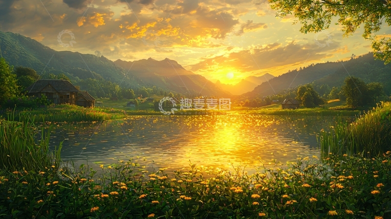 高清大图下载【趣麦麦图】日落湖光山色