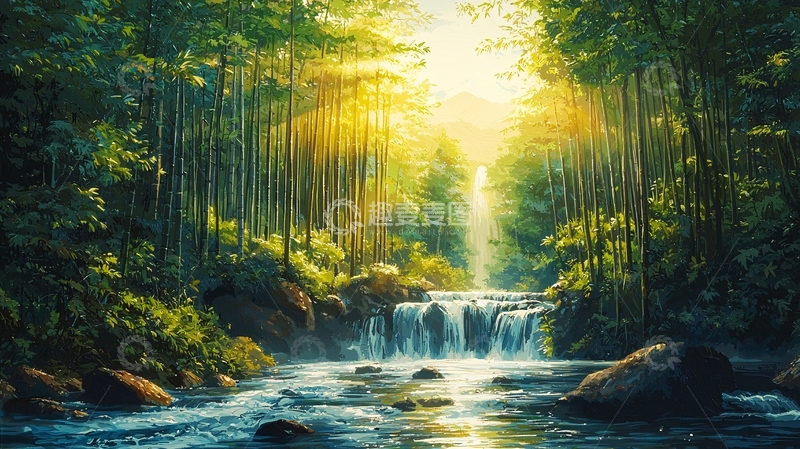 高清大图下载【趣麦麦图】阳光森林瀑布