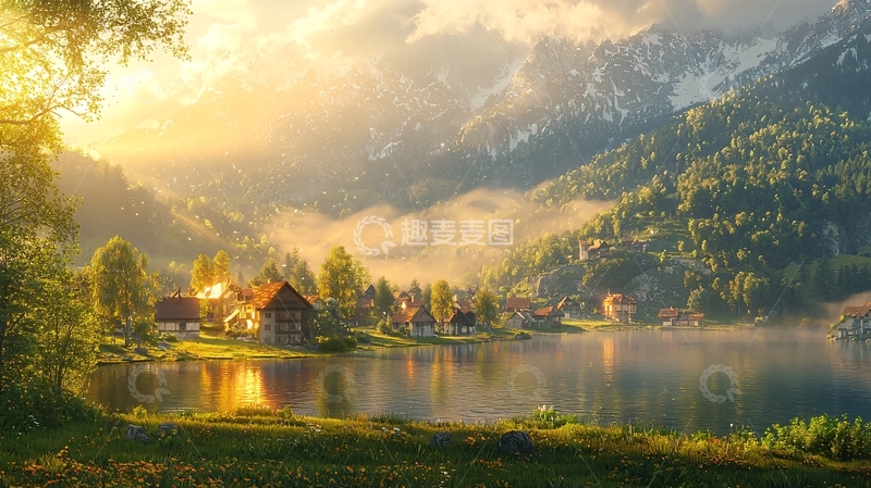 高清大图下载【趣麦麦图】山间湖泊清晨阳光