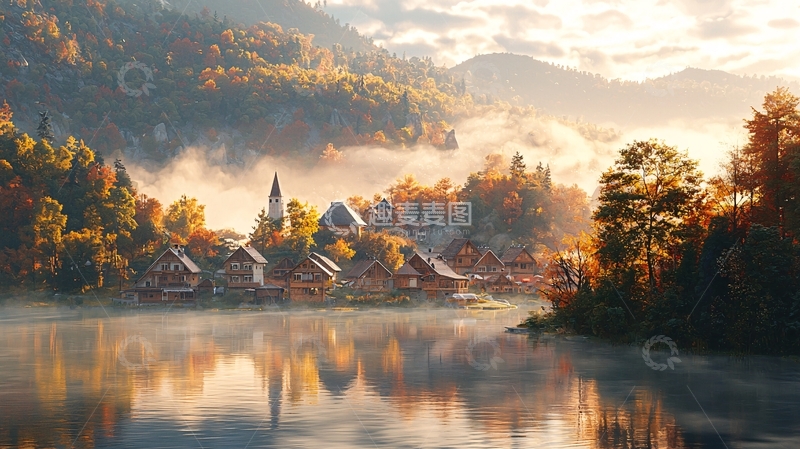 高清大图下载【趣麦麦图】秋日晨雾山村湖景