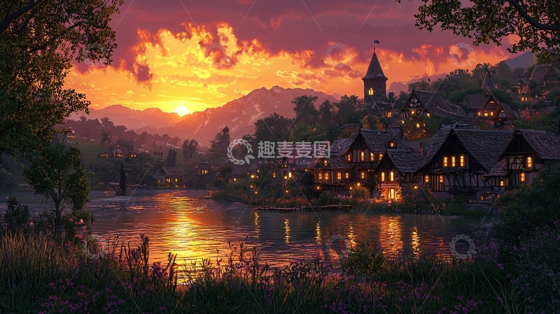 高清大图下载【趣麦麦图】夕阳下的湖边小镇