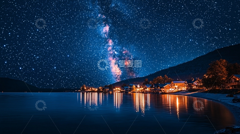 高清大图下载【趣麦麦图】星空下的湖边小镇