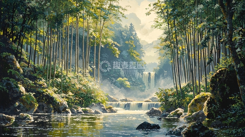 高清大图下载【趣麦麦图】阳光森林溪流瀑布