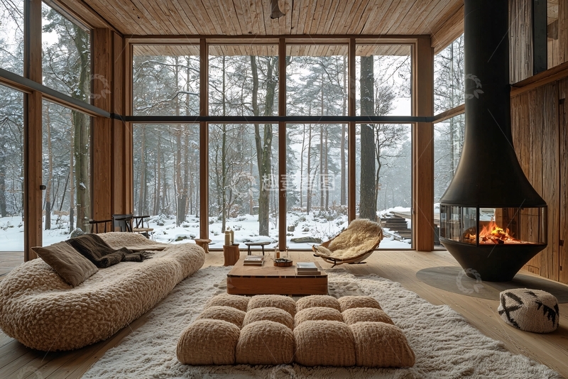 高清大图下载【趣麦麦图】极简风森林景观落地窗客厅