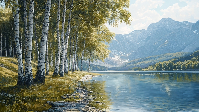 高清大图下载【趣麦麦图】白桦树湖边风景画