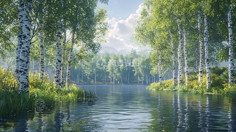 高清大图下载【趣麦麦图】阳光明媚的桦树林河边