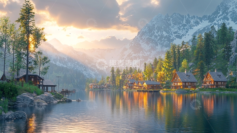 高清大图下载【趣麦麦图】山间湖泊日落小镇