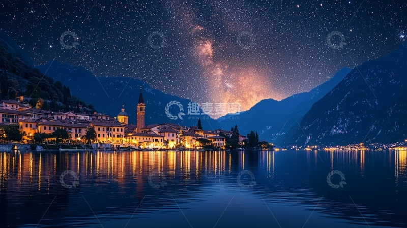 高清大图下载【趣麦麦图】星空下的湖边小镇