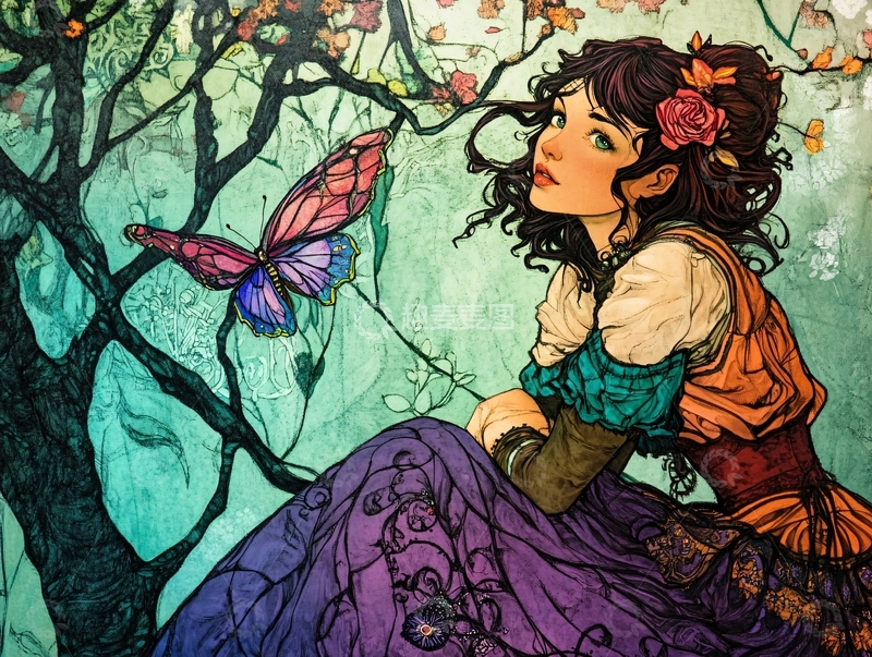 高清大图下载【趣麦麦图】树下少女与蝴蝶