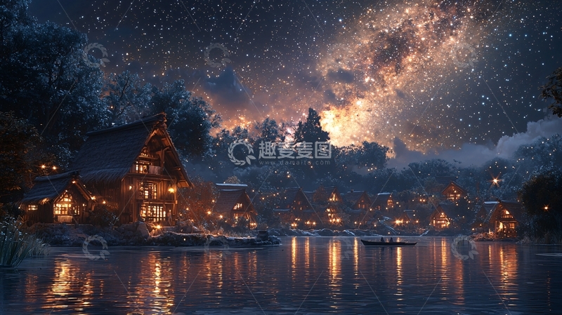 高清大图下载【趣麦麦图】星空下的雪夜小镇