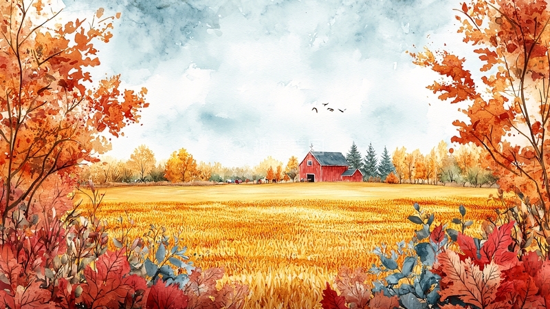高清大图下载【趣麦麦图】秋日田园红屋水彩画