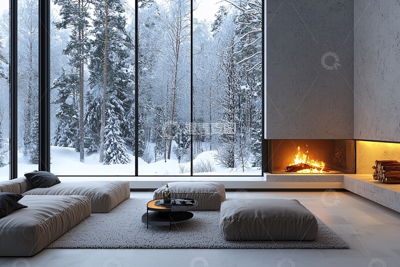 高清大图下载【趣麦麦图】极简风落地窗雪景客厅