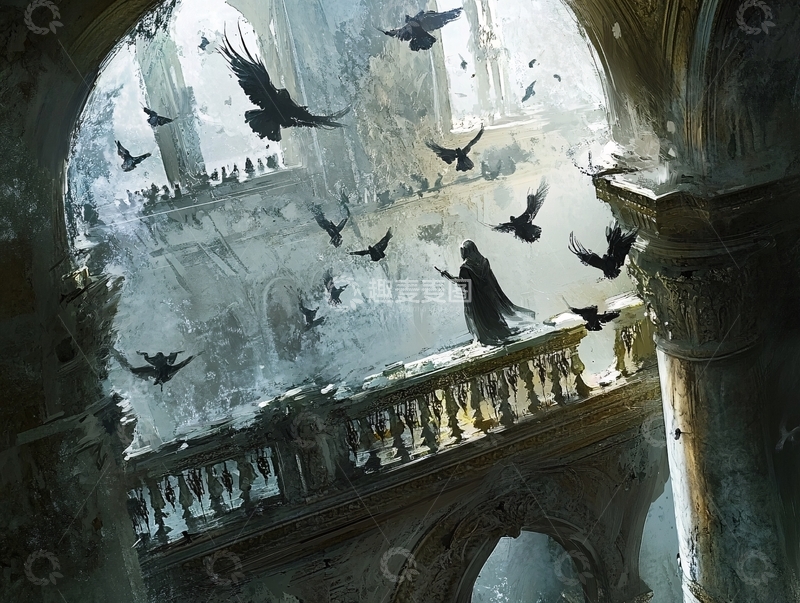 高清大图下载【趣麦麦图】哥特式建筑废墟中的神秘人物