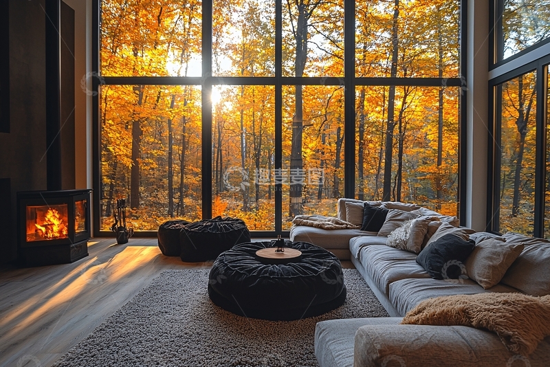 高清大图下载【趣麦麦图】秋日森林景观落地窗别墅