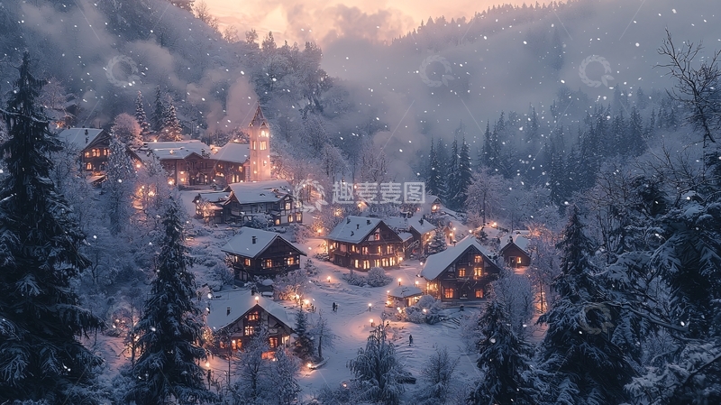 高清大图下载【趣麦麦图】雪山小镇夜景
