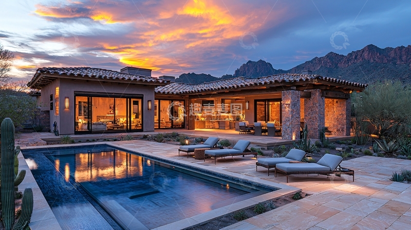 高清大图下载【趣麦麦图】日落下的豪华住宅泳池