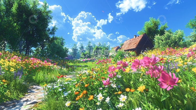 高清大图下载【趣麦麦图】阳光明媚的花海田园