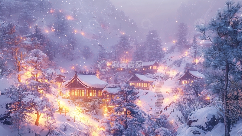 高清大图下载【趣麦麦图】雪夜山村灯光夜景