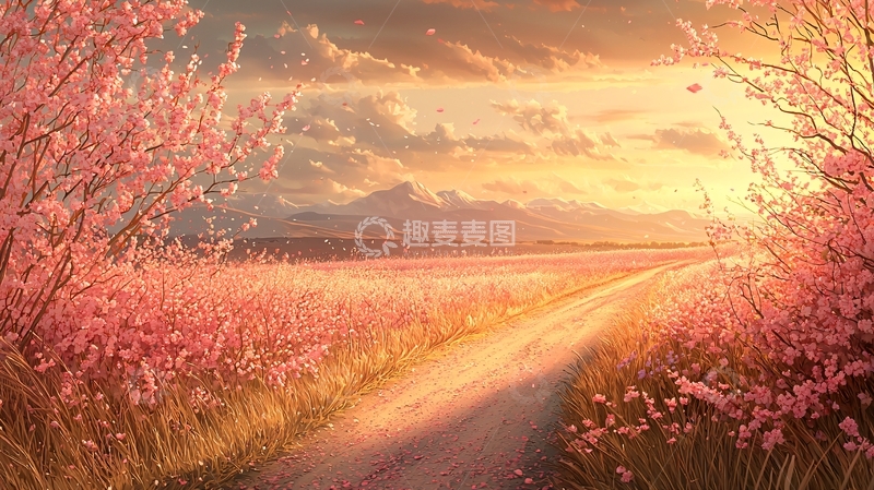 高清大图下载【趣麦麦图】粉色花海落日余晖