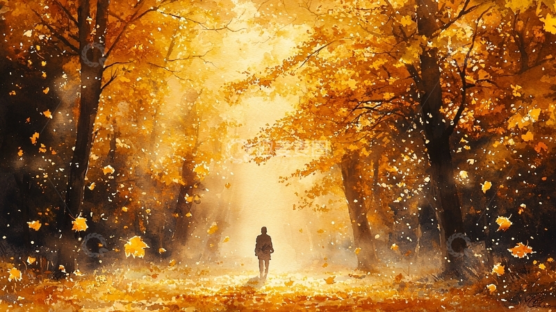 高清大图下载【趣麦麦图】金色秋叶林中的人