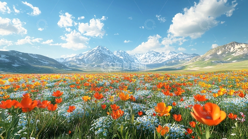 高清大图下载【趣麦麦图】阳光明媚的雪山花海