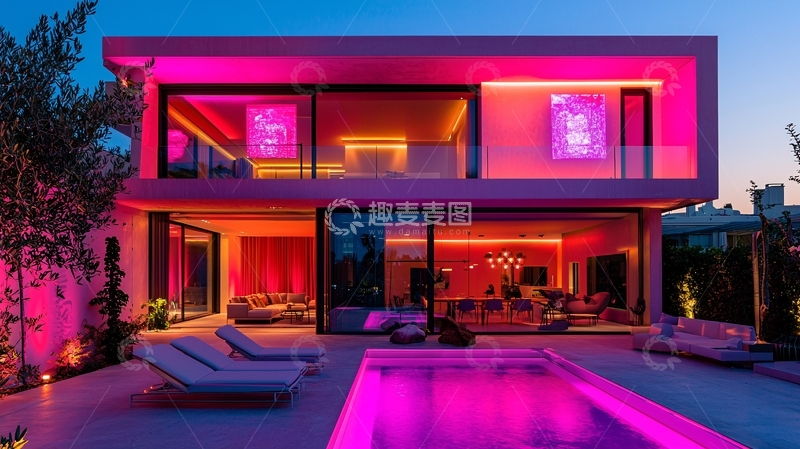 高清大图下载【趣麦麦图】粉色豪宅夜景
