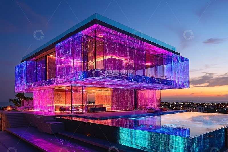 高清大图下载【趣麦麦图】炫彩灯光别墅夜景