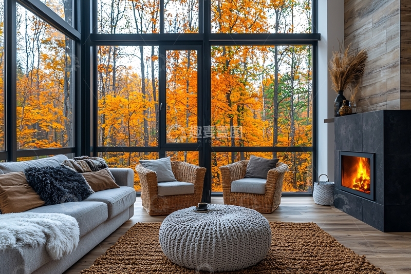 高清大图下载【趣麦麦图】落地窗秋景客厅
