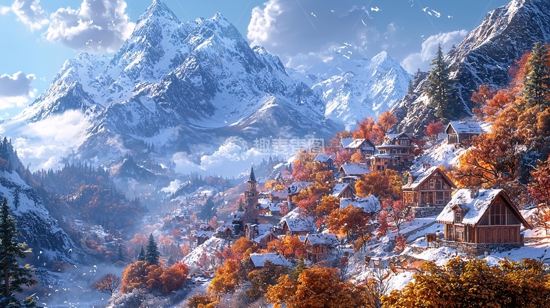 高清大图下载【趣麦麦图】雪山秋色小镇风景