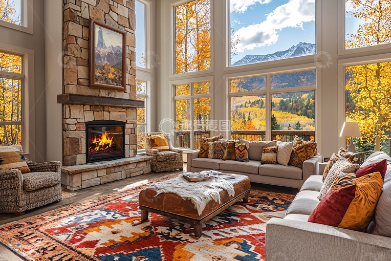 高清大图下载【趣麦麦图】秋日山景别墅客厅