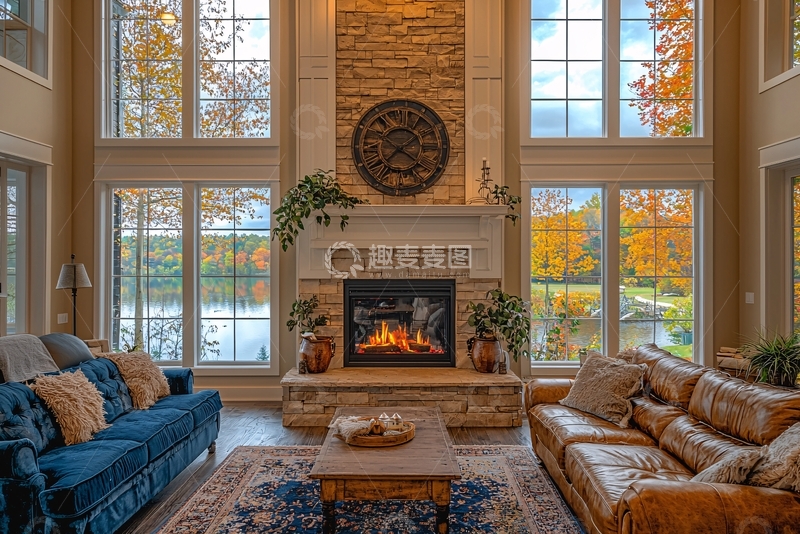 高清大图下载【趣麦麦图】秋日暖阳客厅壁炉景观